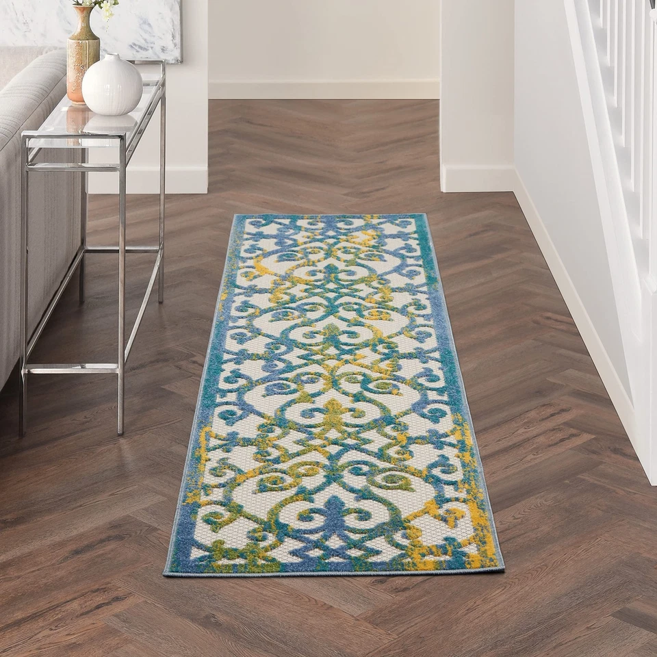 Nourison Aloha Indoor/Outdoor Ivory Blue 2' x 6' Area Rug, Transitional, Fren... - Image 3 of 4