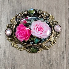 Sweet Romance Vintage Roses Lithograph Brooch Pink & Gold