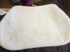 ladies ivory beaded clutch purse w/satin lining and mirror