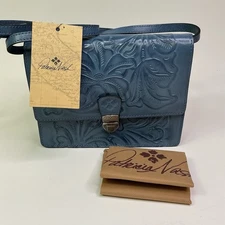 NWT Patricia Nash LOCRI Crossbody Leather BURNISHED TOOLED COLORS Safflower BLUE