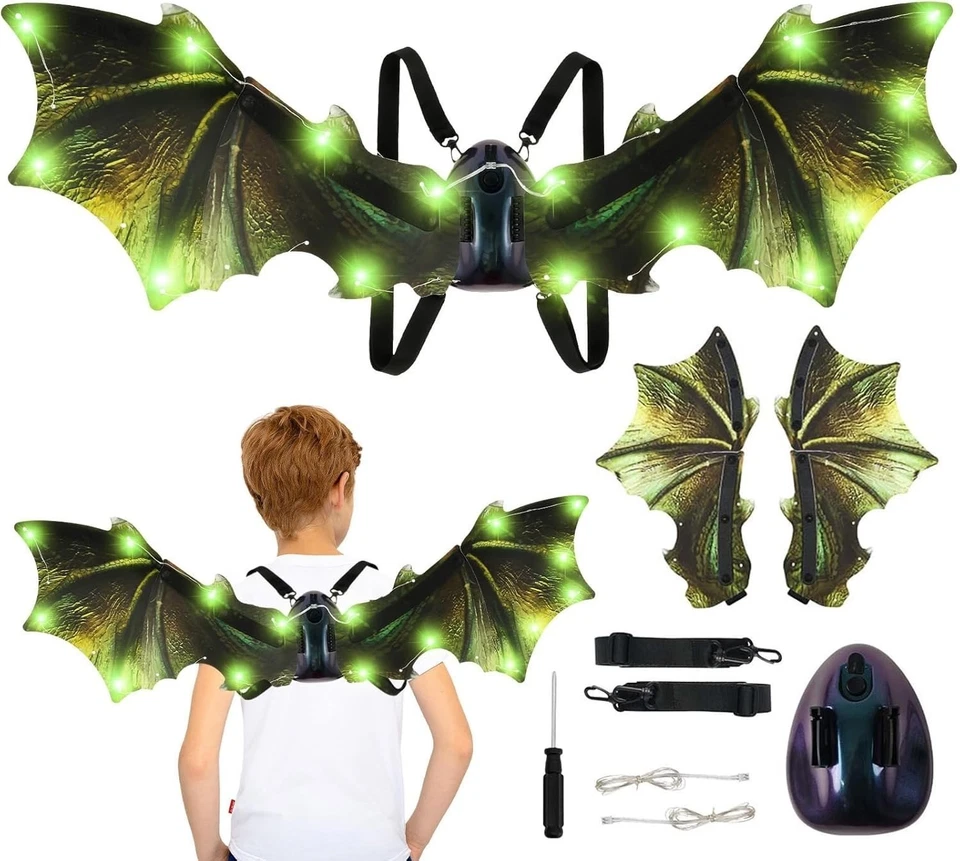 Brinquedos fantasia asas de dinossauro verde flexíveis, iluminados, habilitados para música - Imagem 4 de 4