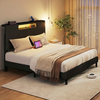 Full Upholstered Size Bed Frame with High Headboard Adjustable LED Light