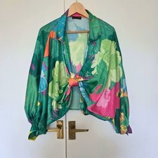 Green Tropical Floral Front Tie Blouse - One Size - Bold Print Wrap Top