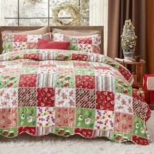  Queen Size Christmas Quilt Cover Set, Multi-Color Patchwork Print (90“ x 96”)