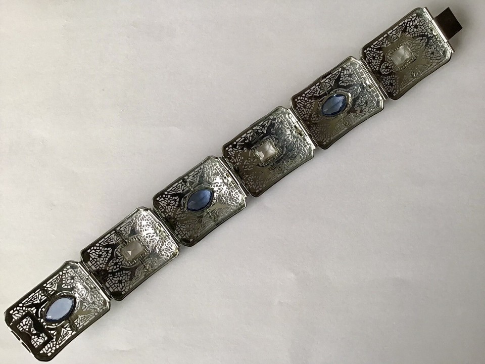 VINTAGE ART DECO BLUE AND YELLOW RHINESTONE FILIGREE BRACELET X2 eBay