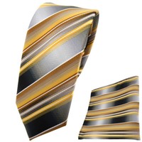 Schmale Tigertie Krawatte + Einstecktuch Gold Gelb Silber Anthrazit Grau - Tuch