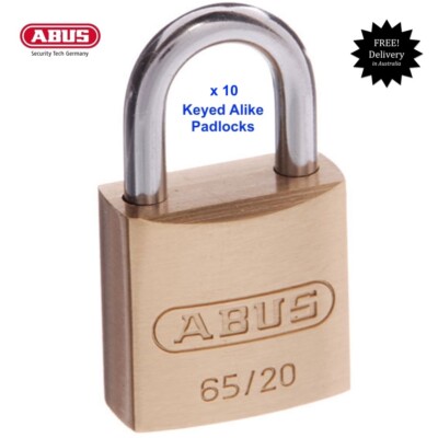 ABUS 65/20 Padlock-Bulk Lot x 10 KEYED ALIKE Brass Padlocks -Free Post