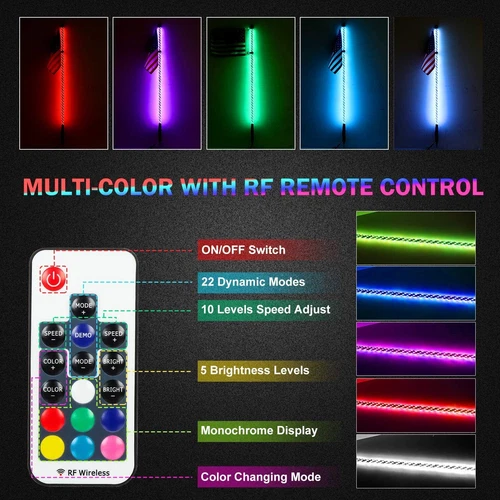 2x 3ft RGB LED Whip Lights Antenna Flag for ATV UTV Can Am X3 Polaris RZR 1000 - Picture 15 of 19