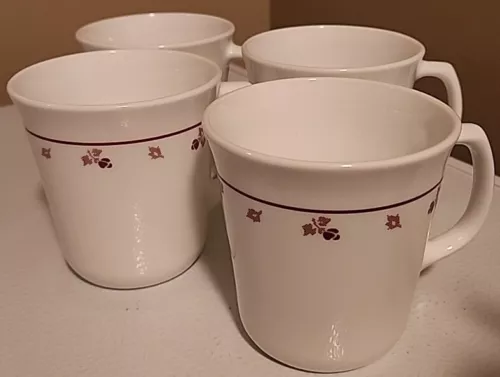 Set of 4 Vintage Corning Burgundy Rose Pattern Coffee Tea Cups