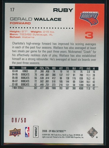 Gerald Wallace 2008-09 Skybox Ruby /50 #17 - Picture 2 of 2