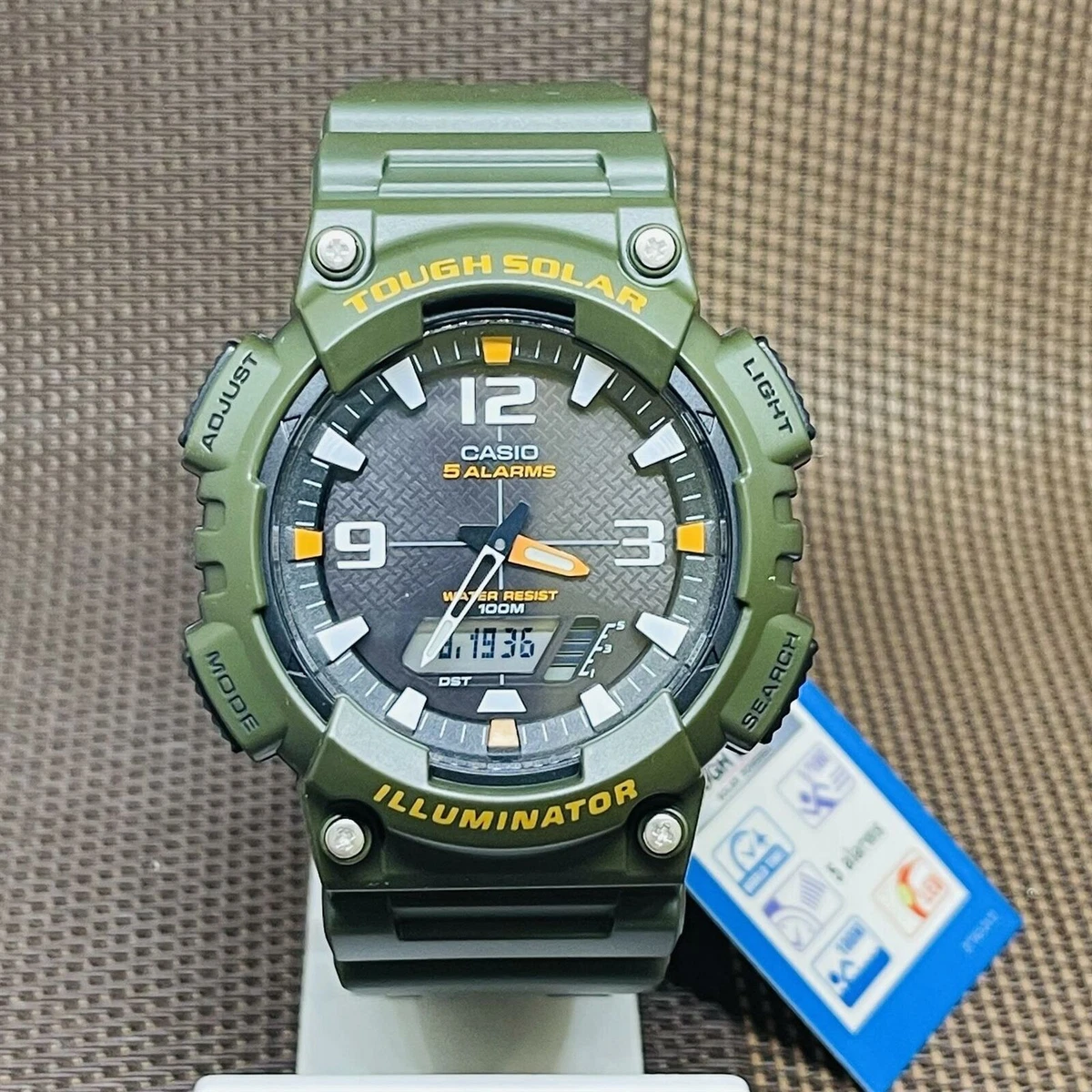 Casio AQ S810W 3A Solar Powered Analog Digital Black Dial Green