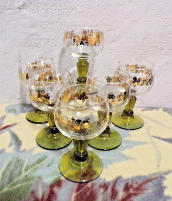 Vintage German Bacchus Roemer Wine Glasses Gold Grape Olive Green Stems Set of 5