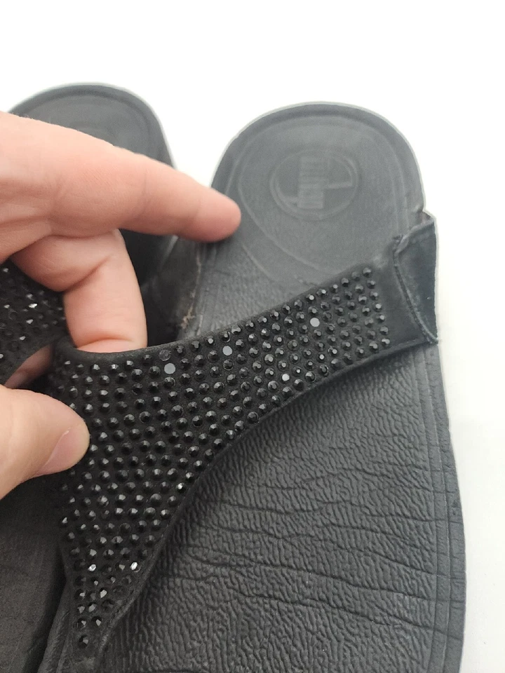Fitflop Fit Flops Rokkit Leather Black Bling Toe-Post Sandals Slip On Women’s 6 - Image 4 of 4