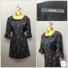 OASIS Black Mix Bird Print Sailor Collared Retro Dress UK 12 EUR 40 Lined