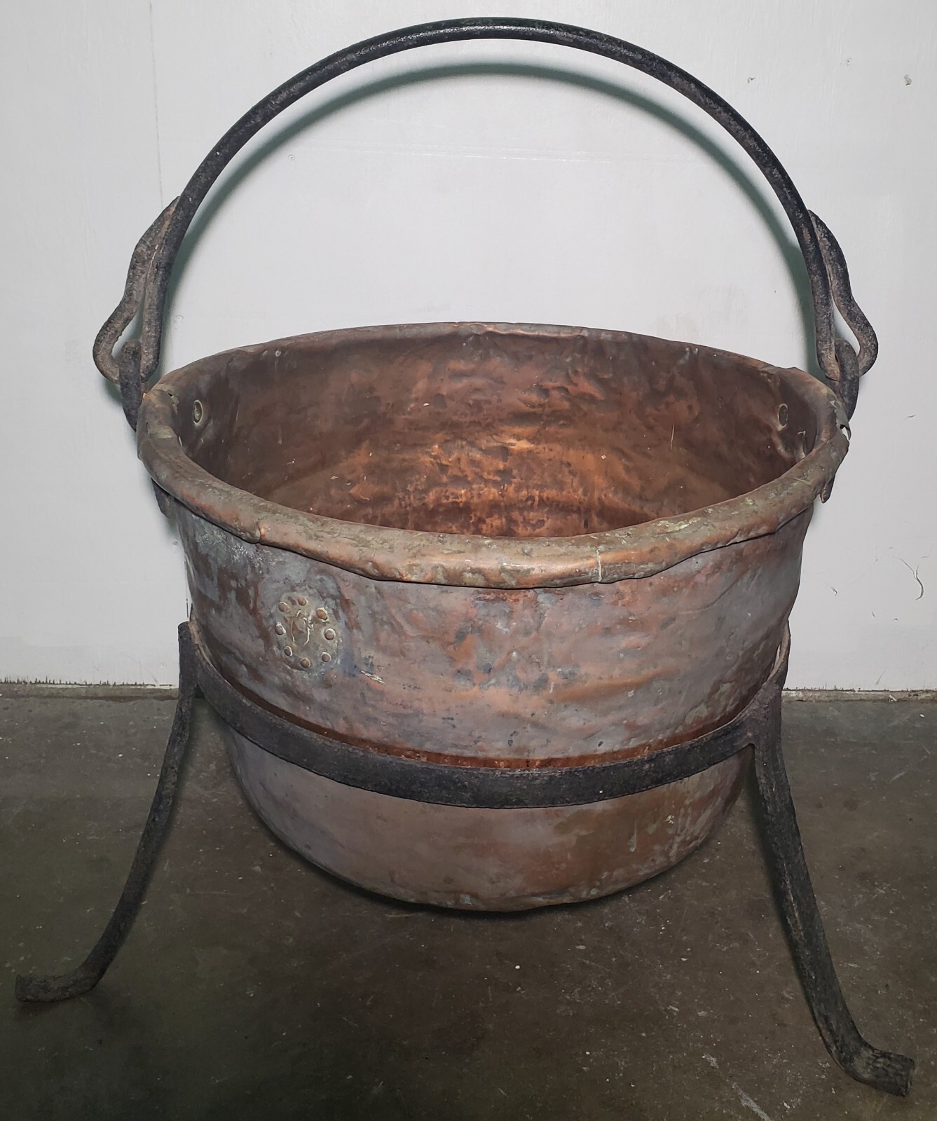 Huge Antique Copper Candy Kettle Butter Cauldron & Stand Garden Planter
