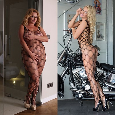 SoftLine Ouvert Catsuit She Cat Bodystocking schwarz Grobnetz S L XL XXL 3XL
