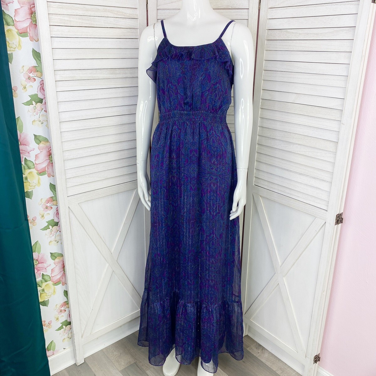 Express Paisley Tiered Ruffle Trim Maxi Dress Womens Small Purple Sleeveless | eBay Express Paisley Tiered Ruffle Trim Maxi Dress Womens Small Purple Sleeveless | eBay