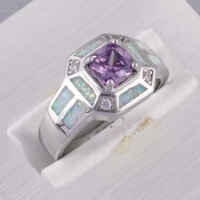 6x6mm Cushion Simulated Amethyst White Fire Opal Silver Jewelry Ring Size 7 8 9