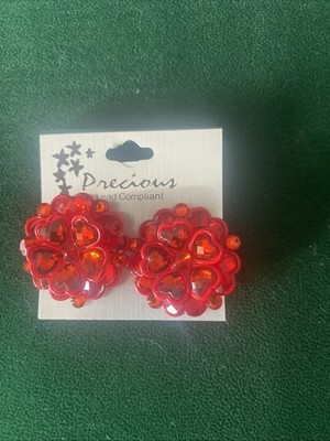 Flower Bomb Red Heart Clip On Earrings