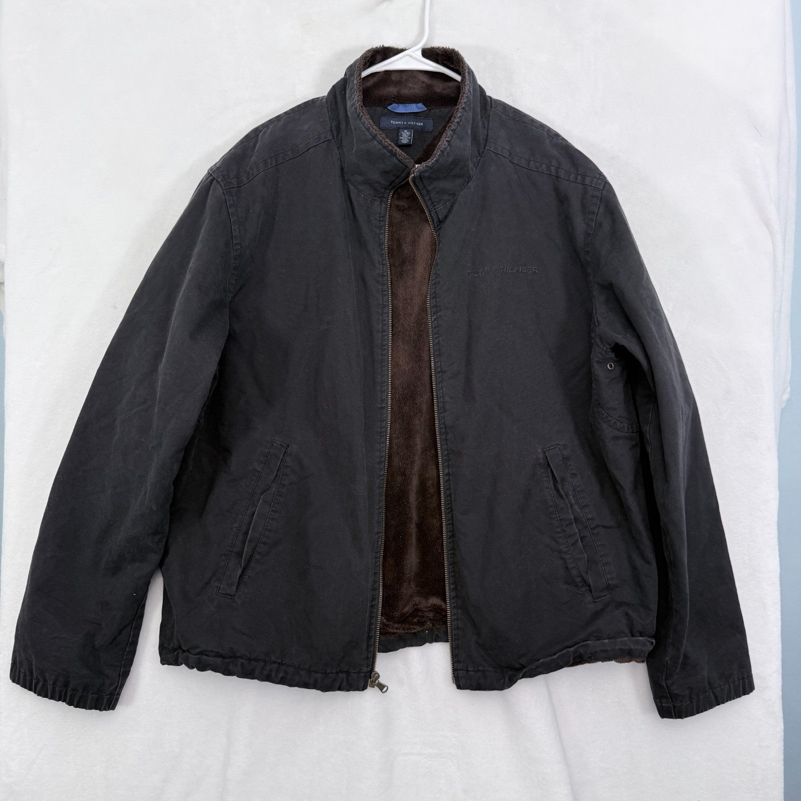 Tommy Hilfiger Bomber Jacket Mens XL Black Full Zip Canvas Fleece Line