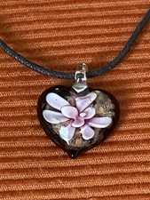 Art Glass Floral/Heart Pendant Necklace