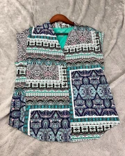 Van Heusen Women's Multicolor Short Sleeve V Neck Top Size M Paisley Boho Teal
