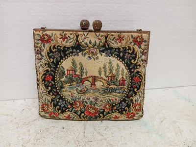 Vtg Clutch Purse French Walborg Tapestry water scene w boat Handbag 