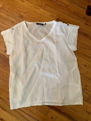 Saks Fifth Ave Thread Women s  White 100% Linen Tunic Top Short Slve, Pockets M