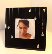 Glass Photo Frame Black with Teardrop Crystals Wedding Photo Picture Frame