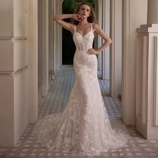 Custom Luxury Beading Mermaid Wedding Dresses  V Neck Sleeveless Lace Trumpet