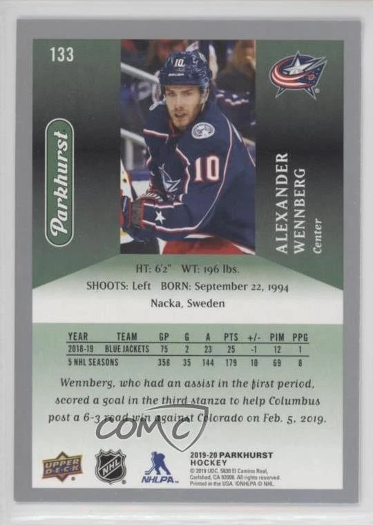 2019-20 Upper Deck Parkhurst Silver Alexander Wennberg #133 - Image 2 of 2