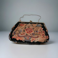 Old Tapestry Petitpoint Embroidered PURSE Handstitched Black Floral Peach Satin