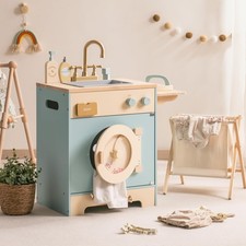 Toy Kitchen Washer Playset, Wooden Toy Washing Machine for with Clothes Baske...