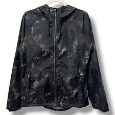 Women's Windbreaker Rain Jacket Black Grey Abstract Palm Print Hooded M Gorpcore