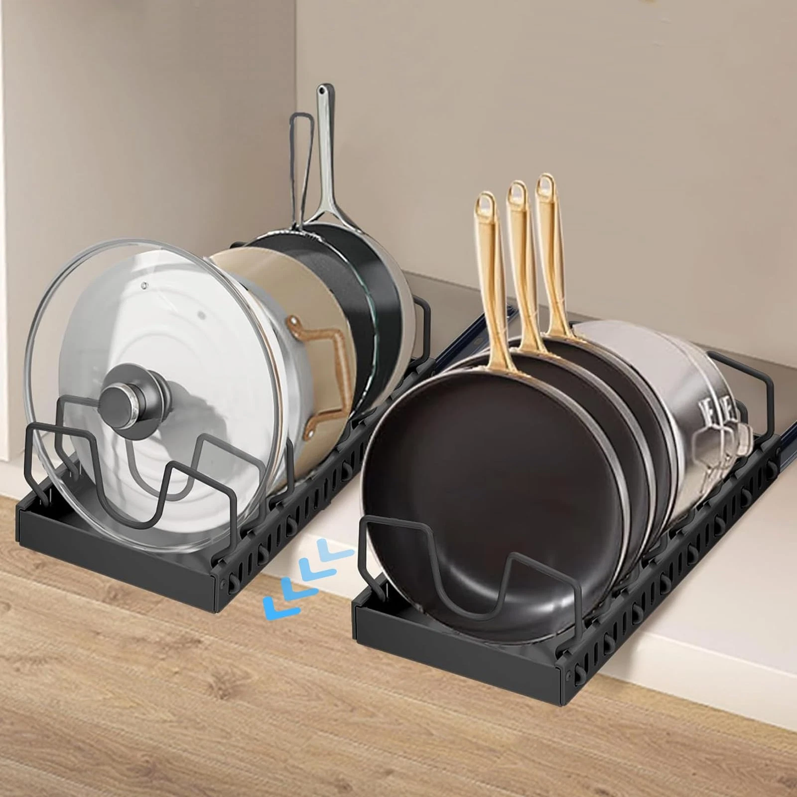 2 Pack Pull Out Pots and Pans Organizer Under Kitchen Cabinet, Pot Lid Organi...