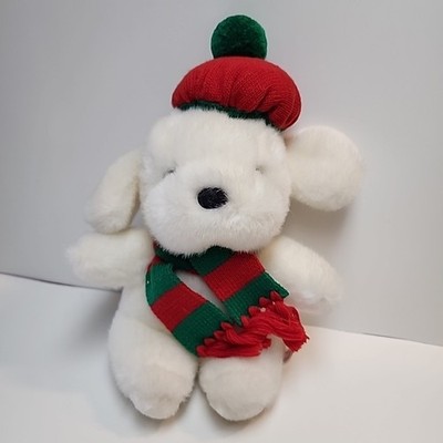 Vintage Expressly For Mervyns Puppy Dog White Green Red Scarf Hat Plush Stuffed