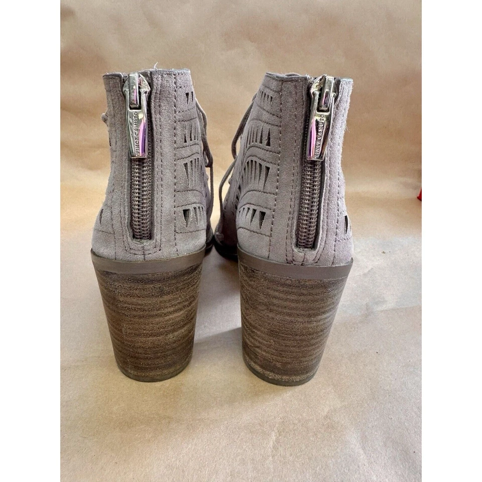 VINCE CAMUTO Size 9M Tarita Laser Cutout Suede Block Heel Lace Up Taupe Sandal - Image 4 of 4