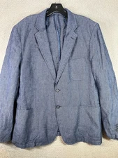 Saks Fifth Avenue Sport Coat Mens Large Blue Linen Blazer Button Up Slim Jacket