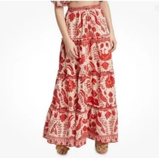 56 Farm Rio Jungle Flow Tiered Maxi Skirt Coral Cream Beaded Drawstring M