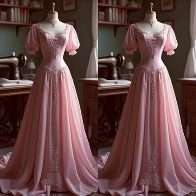 Elegant Pink Prom Dresses Puff Short Sleeves Lace Appliques A-Line Evening Gowns
