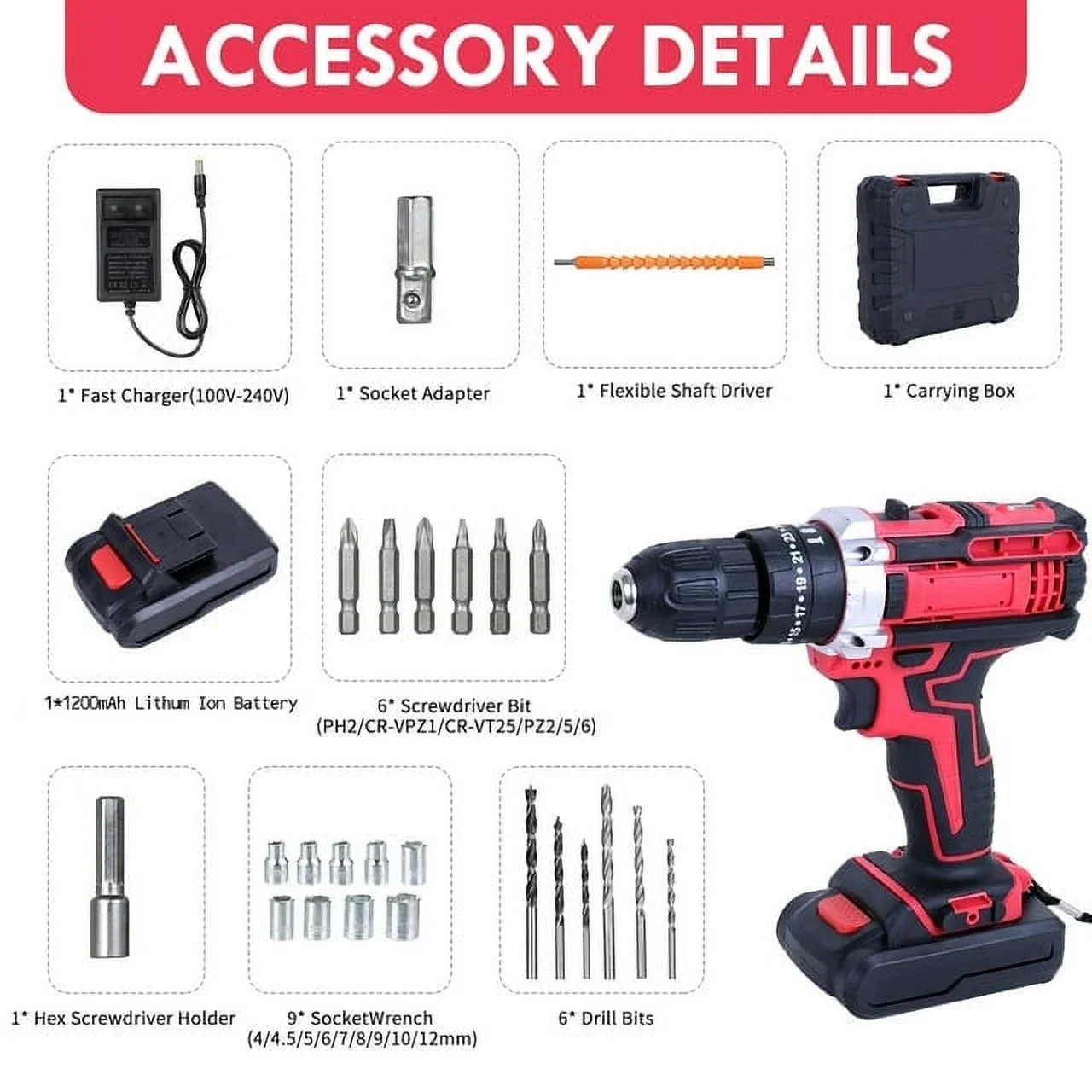 21V Power Drill Cordless Drill, Hammer Drill Cordless with 27 Pcs Accessories