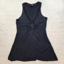 Moda International Top L Beaded Black Vneck Open Front Whimsy Goth Witchy