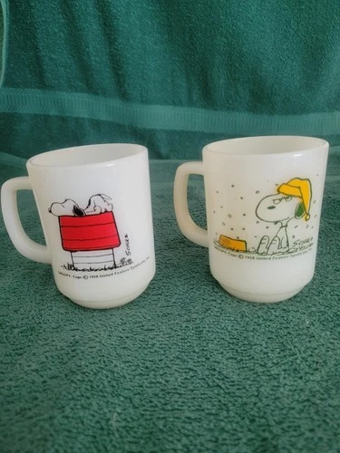 Vintage Two Snoopy Fire King Milk Glass Mugs