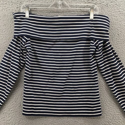 JCrew Off The Shoulder Blouse Womens M Blue Cotton Blend Striped Long Sleeve NEW - Picture 2 of 17