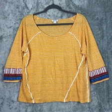Sundance Top Large Yellow Striped 3/4 Sleeve Boxy Pullover 100% Linen Boho Shirt