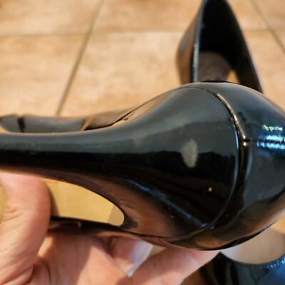 美品　VINCE CAMUTO エナメルバレエシューズ　ブラック 24cm Vince Camuto Black Patent Leather Peep Open Toe Block Heel