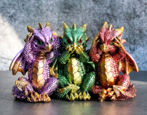 Ebros Metallic Three Wise Baby Dragon Set See Hear Speak No Evil Statue 3.5"H - 第 1/11 張圖片
