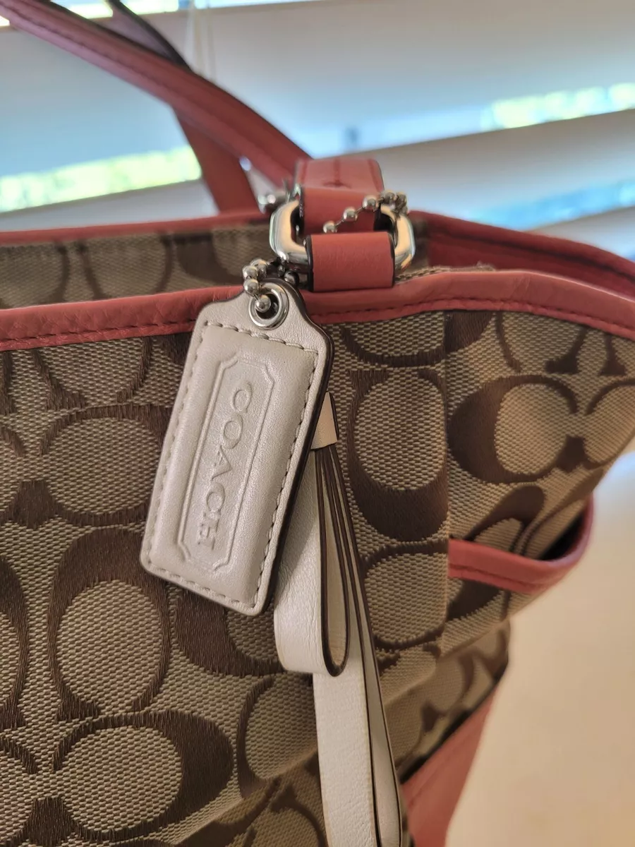 Coach Park Signature Carrie Tote Canvas Coral Leather M1382