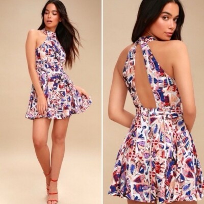 Lulus Abstract Print Halter/Keyhole Back Skater Dress Medium | eBay