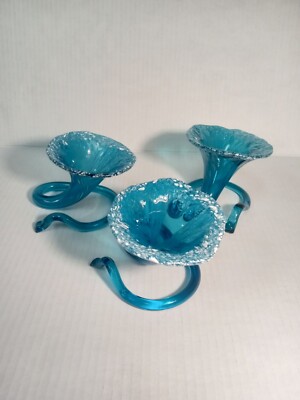 Blue Cornucopia Bowl Streak Art Glass Splash Dish Freeform MCM Vintage Vase